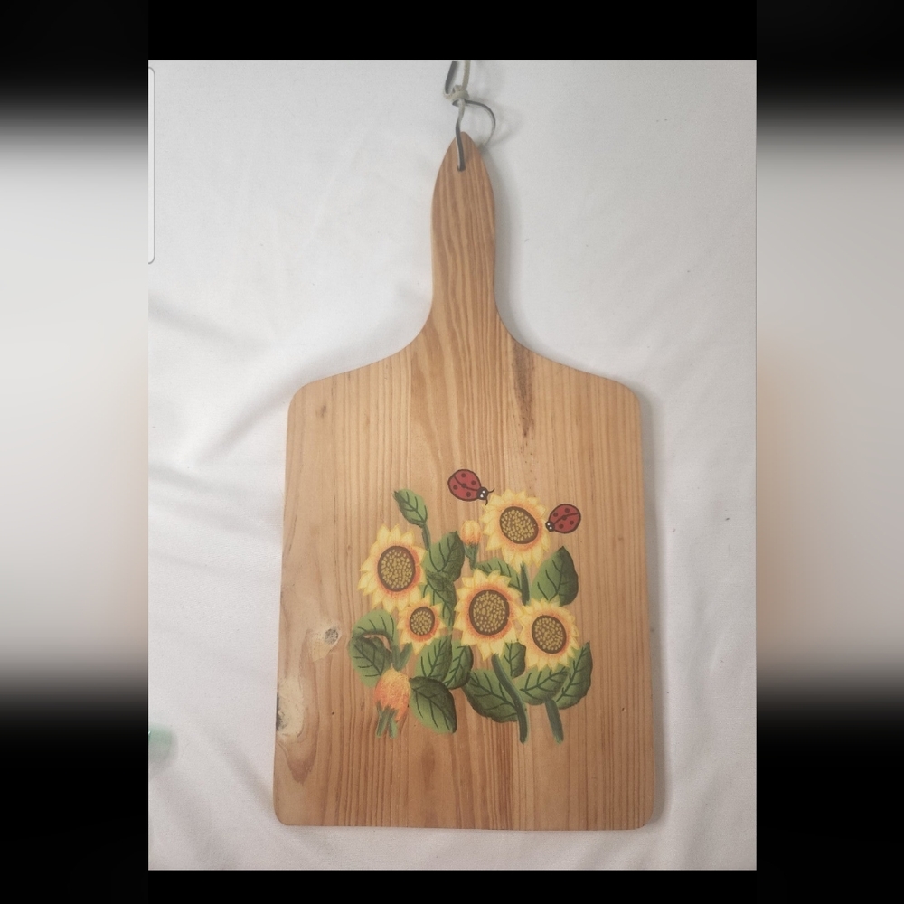 Cutting Board Wood with painted sunflowers and ladybugs